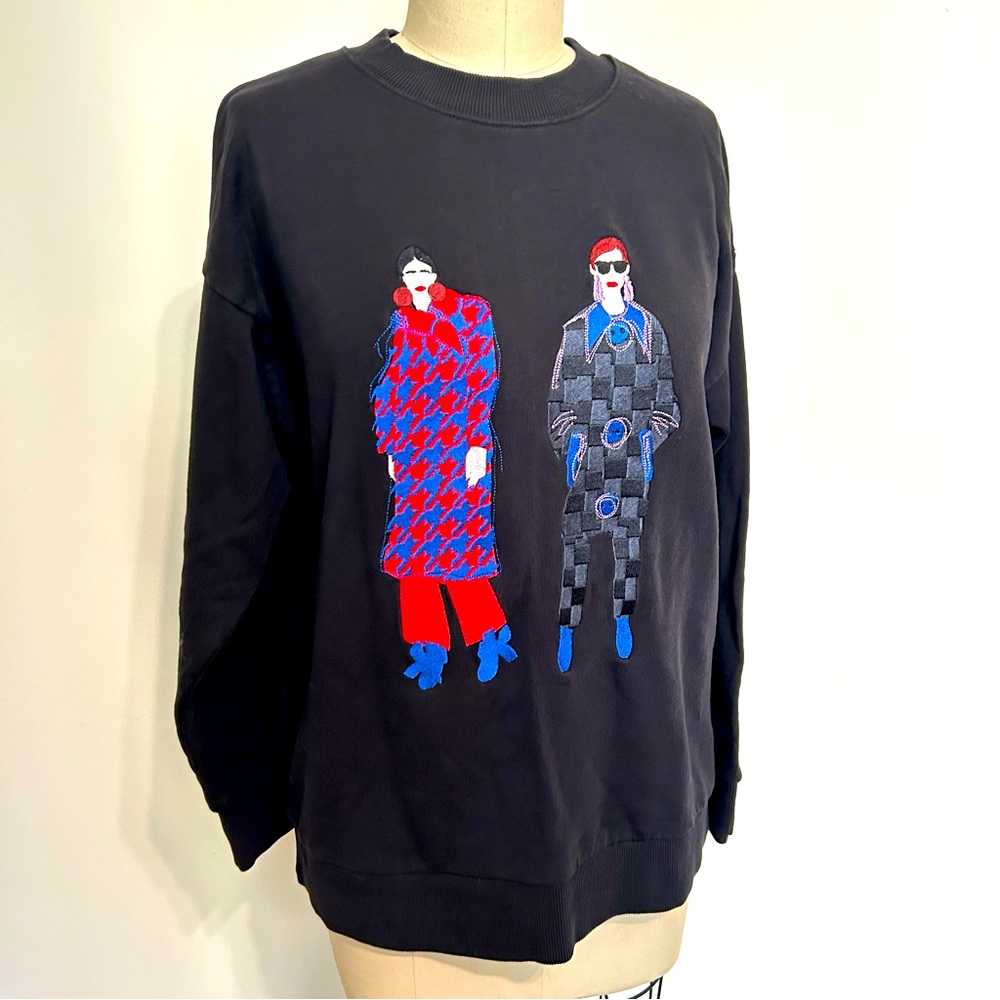Zara Black Embroidered Fashion Ladies Sweatshirt, Small